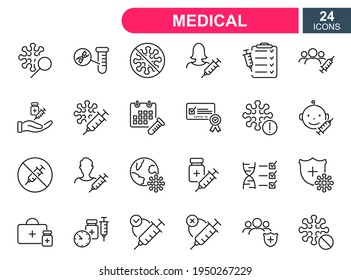 Set Of Vaccine Line Icons. Injection, Prevention And Treatment Of Covid. Medical Syringe And Ampoules, Certificate For Vaccine. Linear Icons For Medical Vaccine. Editable Stroke. Vector Illustration.