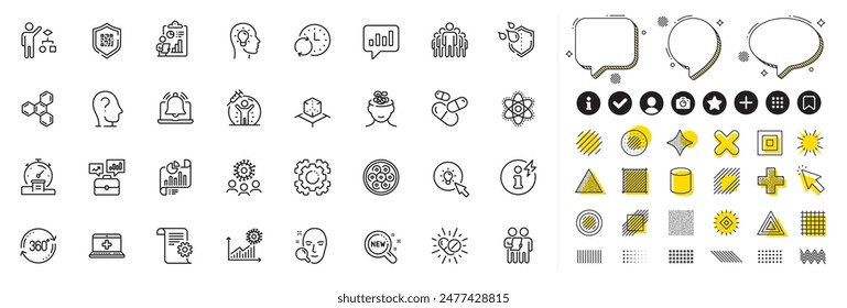Set of Vaccine protection, Augmented reality and Seo gear line icons for web app. Design elements, Social media icons. Analytical chat, Qr code, Power info icons. Vector