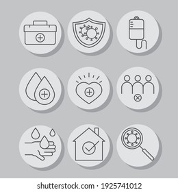 set vaccine science medical kit first aid, stay at home, social distance vector illustration line icon