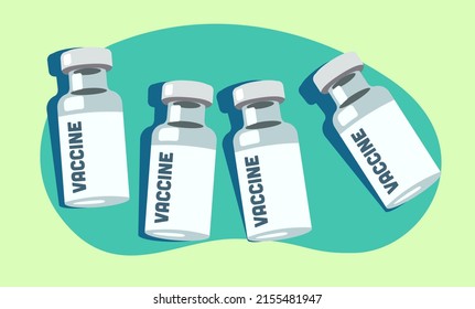 Conjunto de ilustraciones de los viales de la vacuna. Concepto de vacunación. Ampulas médicas sobre fondo de blob verde.