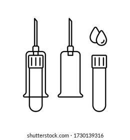 Conjunto de muestras de sangre al vacío desde la vena. Icono lineal del tubo de ensayo con capuchón, protector de la aguja, gotas de sangre. Ilustración negra de la jeringa estéril médica especial. Contexto vectorial aislado, fondo blanco