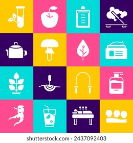 Set Latas de vacío, Botella de jabón líquido, Tubo de crema de ungüento, Portapapeles con lista de comprobación, Seta, Mango de la cafetera, Hojas de vidrio de laboratorio e icono de la hoja. Vector