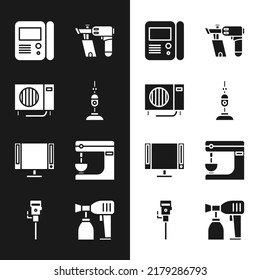 Ajuste el limpiador de vacío, el acondicionador de aire, el sistema de intercomunicación de la casa, la pistola de aire, la televisión inteligente y el icono del mezclador eléctrico. Vector
