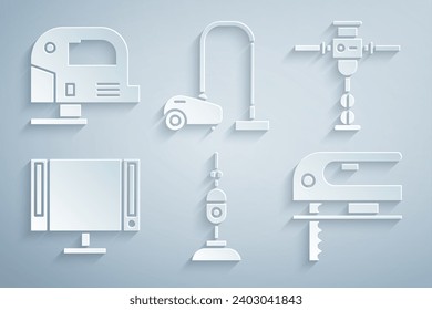 Set Vacuum cleaner, Construction jackhammer, Smart Tv, Electric jigsaw,  and  icon. Vector