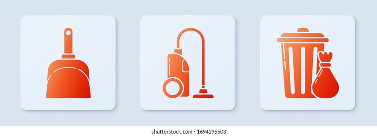 Set Vacuum cleaner , Dustpan  and Trash can and garbage bag . White square button. Vector