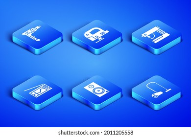 Set Vacuum cleaner, Electric drill machine, Stereo speaker, Radio, jigsaw and Sewing icon. Vector