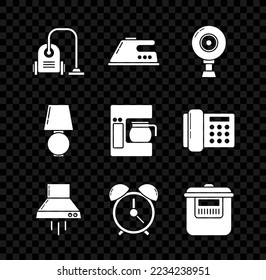 Set Vacuum cleaner, Electric iron, Web camera, Kitchen extractor fan, Alarm clock, Slow cooker, Table lamp and Coffee machine with glass pot icon. Vector