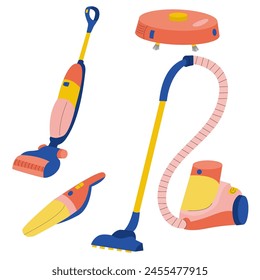 Set of vacuum cleaner equipment. Verticalvacuum cleaner, robot vacuum cleaner station,car vacuum cleaner.