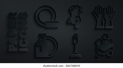 Set Vacuum cleaner, Rubber gloves, Dishwashing liquid bottle, Bar of soap, Sponge and Washing dishes icon. Vector