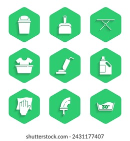 Set Vacuum cleaner, Rubber for windows, Temperature wash, Bottle cleaning agent, Cleaning service, Basin with shirt, Ironing board and Trash can icon. Vector