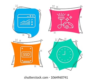 Set of Vacuum cleaner, Ssd and Web traffic icons. Clock sign. Vacuum-clean, Solid-state drive, Website window. Time or watch.  Flat geometric colored tags. Vivid banners. Trendy graphic design. Vector