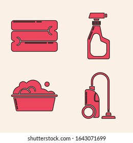 Set Vacuum cleaner , Towel stack , Cleaning spray bottle with detergent liquid  and Plastic basin with soap suds  icon. Vector