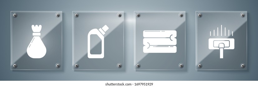 Set Vacuum cleaner, Towel stack , Plastic bottles for liquid dishwashing liquid and Garbage bag . Square glass panels. Vector