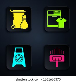 Set Vacuum cleaner, Trash can , Wet floor and cleaning in progress  and Washer and t-shirt . Black square button. Vector