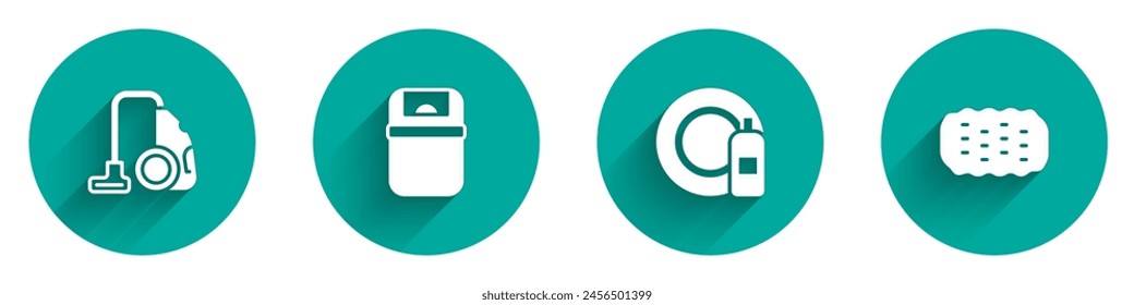 Set Staubsauger, Mülleimer, Geschirrspülflasche und Teller und Schwamm-Symbol mit langem Schatten. Vektorgrafik