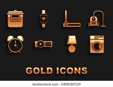 Set , Vacuum cleaner, Washer, Table lamp, Alarm clock, Router and wi-fi signal, Slow cooker and Smart watch showing heart beat rate icon. Vector
