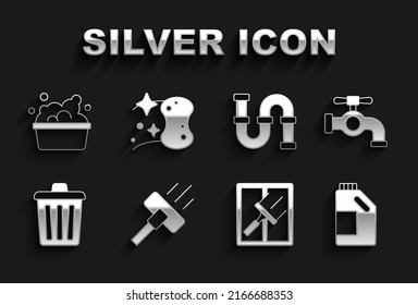 Set Vacuum cleaner, Water tap, Bottle for cleaning agent, Rubber windows, Trash can, Industry metallic pipe, Basin with soap suds and Sponge icon. Vector