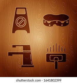 Set Vacuum cleaner, Wet floor and cleaning in progress , Water tap  and Sponge  on wooden background. Vector