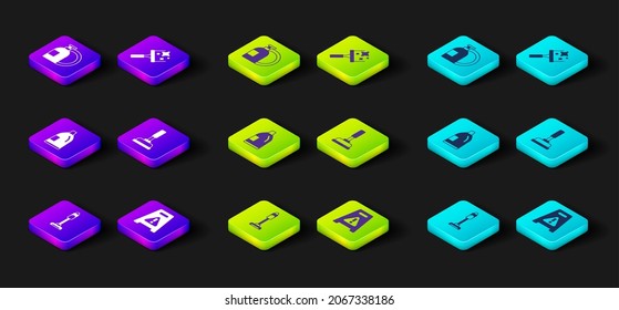 Set Vacuum cleaner, Wet floor, Bottle for cleaning agent, Rubber plunger, windows and Dishwashing liquid bottle icon. Vector