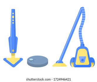 A set of vacuum cleaners for cleaning the house isolated on a white background. Robot vacuum cleaner. Collection of equipment for cleaning the apartment. Vector illustration in flat style.