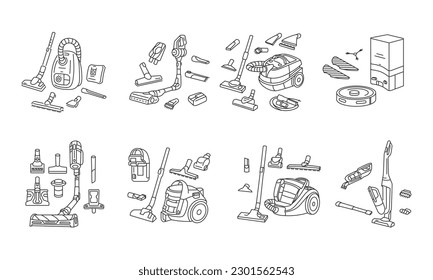 Conjunto de ilustraciones vectoriales de iconos de línea de aspiradoras. Conjunto de boquillas con pinceles de succión. Herramientas de aspiradoras diferentes