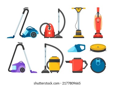 Set of Vacuum Cleaners, Professional And Domestic Equipment And Electric Tools Isolated On White Background. Washing, Robotic, Car and Hand Apparatus Collection. Cartoon Vector Illustration, Icons