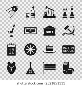 Set Valenki, Made in Russia, Hammer and sickle USSR, Oil pump or pump jack, Russian ruble banknote, Ice hockey stick puck, Satellite and Tin can with caviar icon. Vector