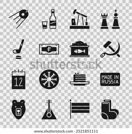 Set Valenki, Made in Russia, Hammer and sickle USSR, Oil pump or pump jack, Russian ruble banknote, Ice hockey stick puck, Satellite and Tin can with caviar icon. Vector