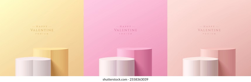 Set of valentine 3D podium background heart shape in pink, yellow and soft red color. Valentine wall scene. Minimalist mockup pedestal. Abstract stand product display presentation. Stage for showcase.