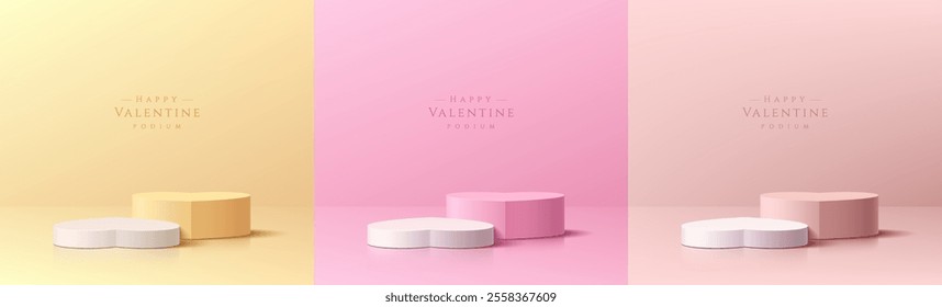 Set of valentine 3D podium background heart shape in pink, yellow and soft red color. Valentine wall scene. Minimalist mockup pedestal. Abstract stand product display presentation. Stage for showcase.