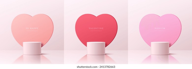 Set of valentine 3d white cylinder podium background with heart backdrop in pastel red, light pink color. Abstract vector rendering geometric form. Mockup stand product display. Pastel minimal scene.