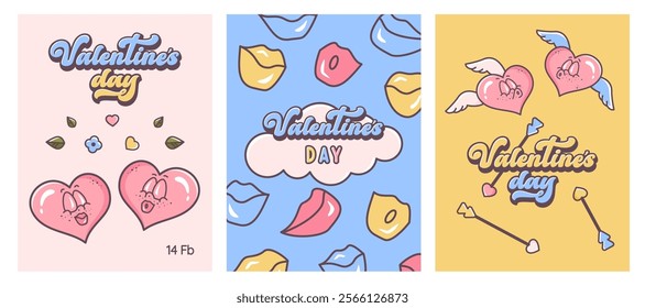 Set of Valentine backgrounds.  LGBT love couples. Homosexual love. Retro valentine cards in 60s 70s cartoon style. Groovy Cute hearts, cupid arrow, angel wings, valentine text. Vector illustration