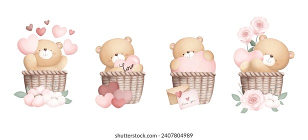 Set of Valentine Bears in Basket