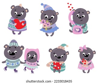Set of Valentine Bears. Drawn style. White background, isolate. Vector illustration.