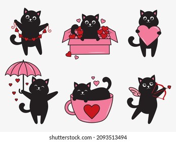 Set of valentine black cat. Collection of cats with hearts. Symbol love. Veterinary logo. Design element for holiday postcard. Tattoo. Pet lover. Animals in love. Vector illustration for kids.