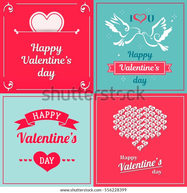 Set of Valentine cards. Greetings with Valentine\'s\
day. Saint Valentines vintage vector design. Heart, dove, ribbon\
with text.