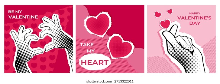 Set of Valentine cards with halftone and dotted collage of hands and torn paper hearts. Love card, cover, template. Vector illustration