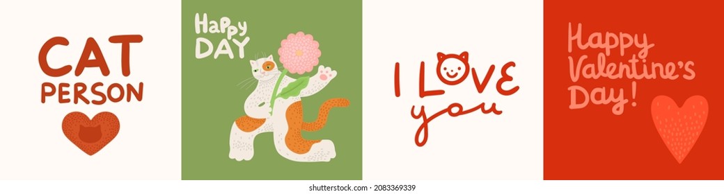 Set of Valentine cards. Square illustrations with illustration of cat, lettering, symbols. Red, white and green, simple and cute style. 