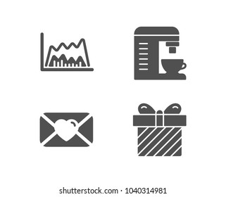 Set of Valentine, Coffee machine and Trade chart icons. Surprise sign. Love letter, Cappuccino machine, Market data. Present with bow.  Quality design elements. Classic style. Vector