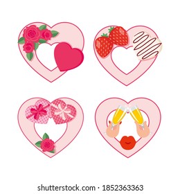 Set of Valentine dat hearts decorated with roses, boxes of chocolates, a kiss, glasses of champagne in hands. Vector illustration, decorative element, simbol, sign, stiker