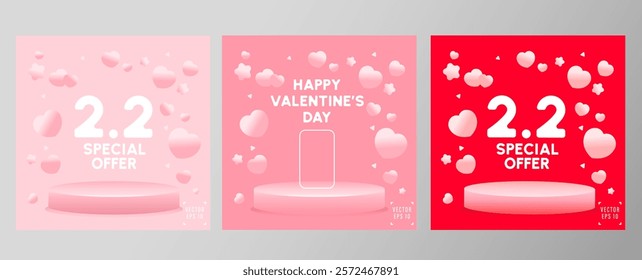 Set of valentine day and 2.2 special offer background pink and red, cylinder podium.Vector geometric platform. Abstract mockup product display. Minimal scene. Stage showcase. Social media.