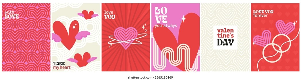 set valentine day abstract posters in minimal style. retro design wavy line, love cover