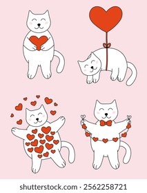 Set of Valentine day Cat characters. Vector flat illustration.