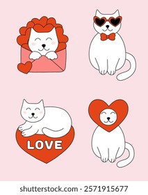 Set of Valentine day Cat characters. Vector flat illustration.