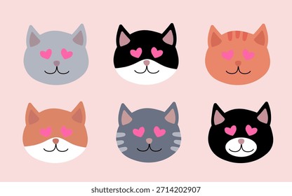 Conjunto de día de San Valentín Cabeza de gato con ojos en forma de corazón. Ilustración plana de Vector.