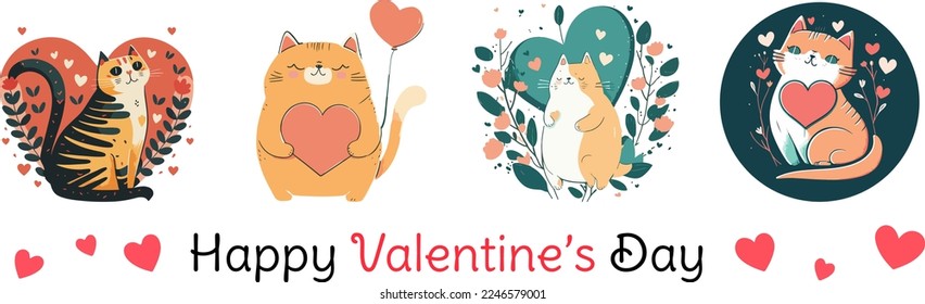 set of valentine day cat with heart, vector illustration isolated on white background, cute cat with vector heart. for copy space and design assest