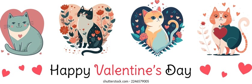 set of valentine day cat with heart, vector illustration isolated on white background, cute cat with vector heart. for copy space and design assest