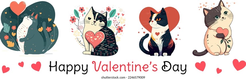 set of valentine day cat with heart, vector illustration isolated on white background, cute cat with vector heart. for copy space and design assest