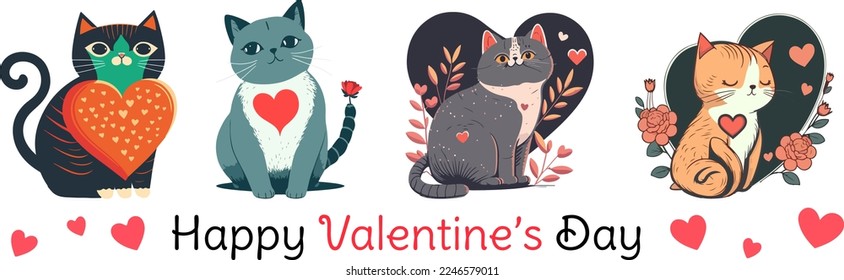 set of valentine day cat with heart, vector illustration isolated on white background, cute cat with vector heart. for copy space and design assest