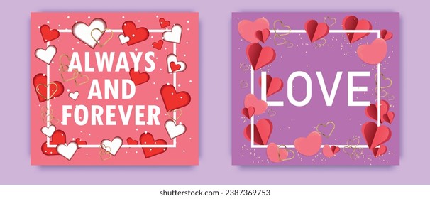 Set of Valentine Day concept posters. Red paper hearts, pink and gold with a frame on a geometric background.Vector illustration.